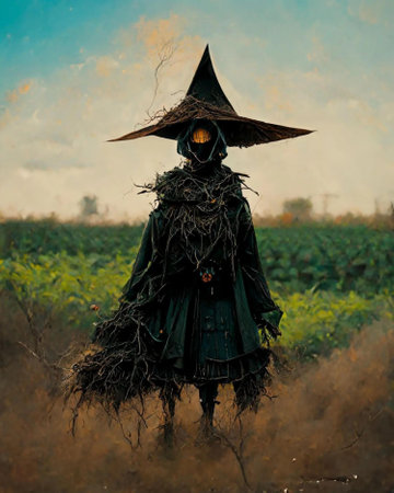 Scarecrow in the field. Halloween concept. Vintage painting.の素材