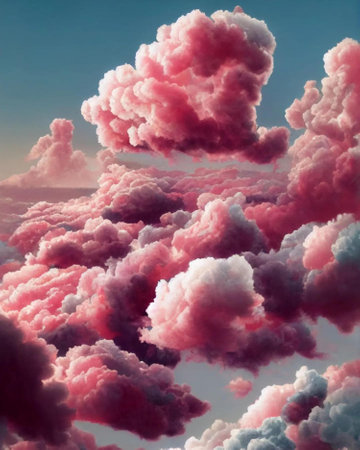 Aerial view of beautiful fluffy clouds in the sky at sunset.の素材