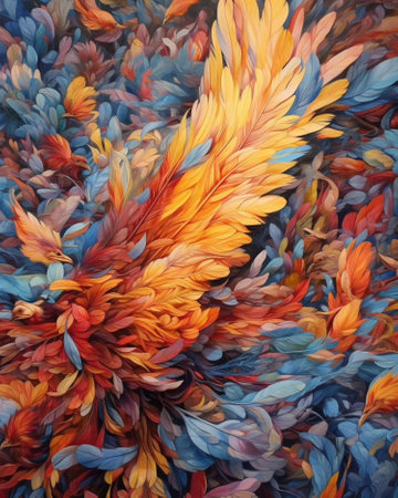 Abstract background of multicolored feathers. Oil painting on canvas.の写真素材