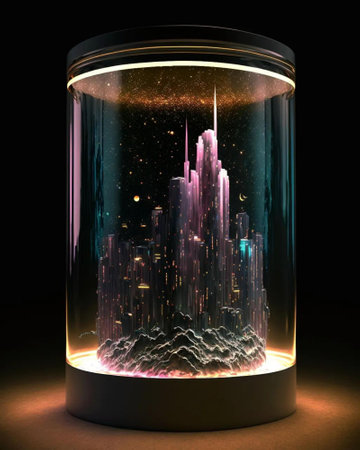 3D rendering of a futuristic city in a glass jar on a black backgroundの写真素材