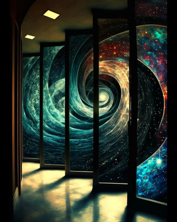 Abstract space background with open door, stars and nebula. 3D renderingの写真素材