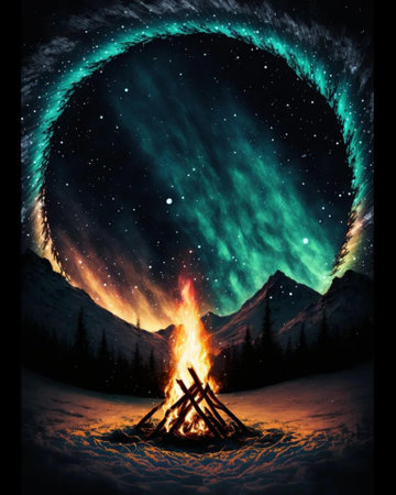 Fiery bonfire in the mountains at night. Collage.