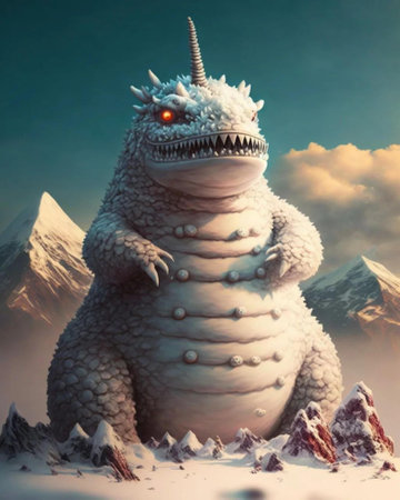 Fantasy dragon in the mountains. 3d rendering. Computer digital drawing.の写真素材