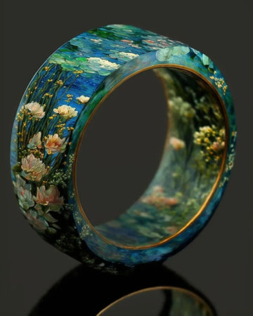wedding ring with floral ornament on a dark background close upの写真素材