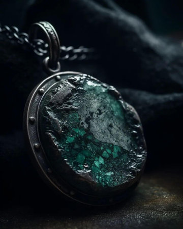 Emerald pendant with chain on black background. Jewelry concept.の写真素材