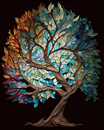 Art tree with colorful leaves on black background. Hand drawn illustration.の写真素材