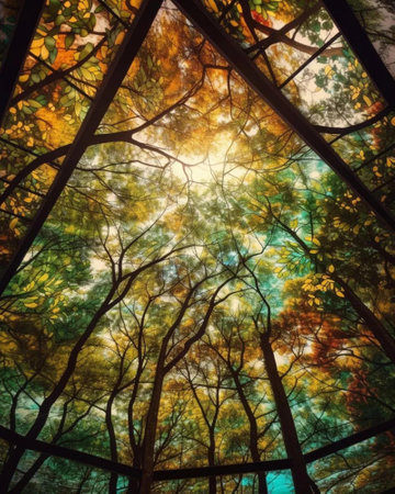 Autumn forest with sun rays through the canopy. Nature background.の写真素材