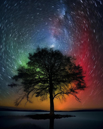 Aurora borealis over a tree on the lake at nightの写真素材