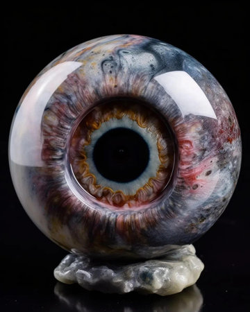 A close up shot of an eye in a crystal ball on a black backgroundの写真素材