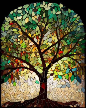 stained-glass window with a tree in the background, stained glass windowの写真素材