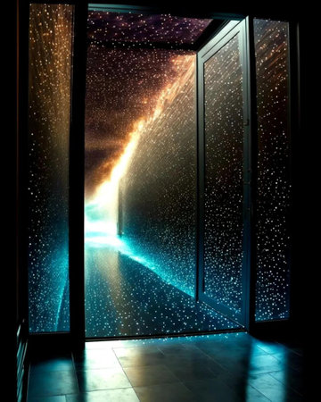 abstract scene of night city with lights and reflections on glass doorの写真素材