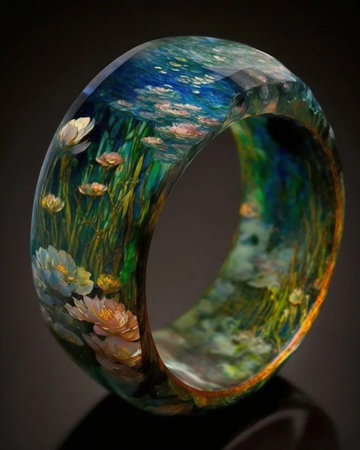 wedding ring with flowers in a glass bowl on a black backgroundの写真素材