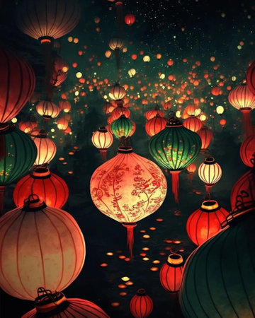 Colorful chinese lanterns in the night sky. Illustrationの写真素材