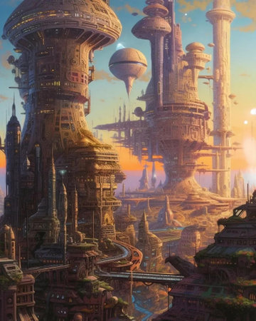 Fantasy landscape with skyscrapers on the background of the riverの写真素材