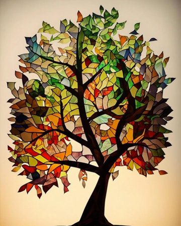 Illustration of a stained glass tree with colorful leaves in the backgroundの写真素材