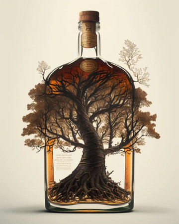 A bottle of whiskey with a tree in the shape of a forestの写真素材