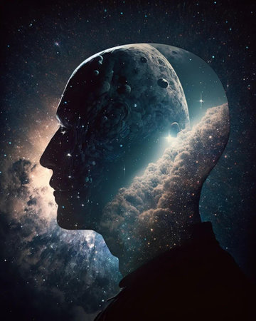 Surrealism image with human head and moon. Elements of this image are furnished by NASAの素材