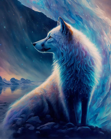 Digital painting of a beautiful white wolf in the blue night sky.の写真素材