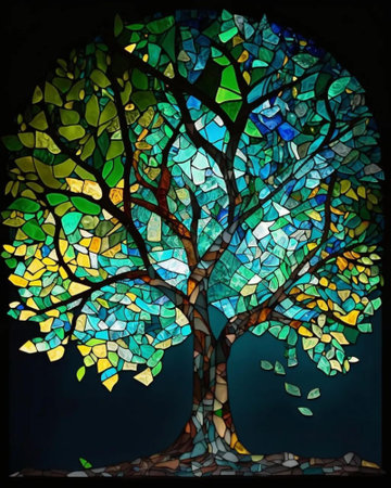 Colorful stained glass window with a tree in the background, Stained glass windowの写真素材