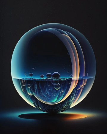 3D Illustration of an abstract background with a sphere and bubblesの写真素材