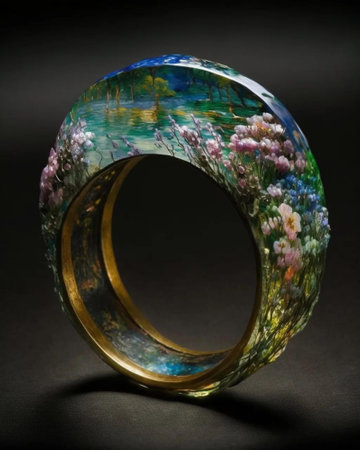 Wedding ring with flowers on a dark background, close-upの写真素材