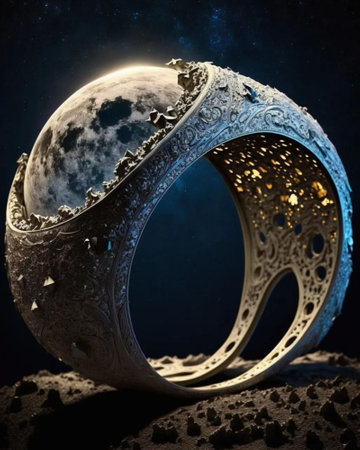 Wedding rings on the background of the moon and the universeの写真素材