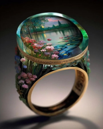 wedding ring with a reflection of the nature in the mirrorの写真素材