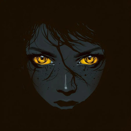 Fantasy face of a woman with black eyes on a dark backgroundの写真素材