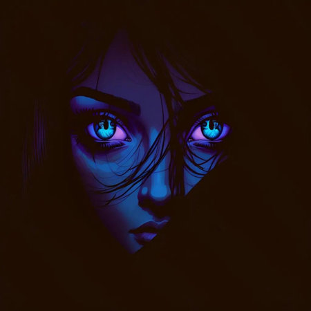 portrait of a beautiful girl with blue eyes and purple light on her faceの素材