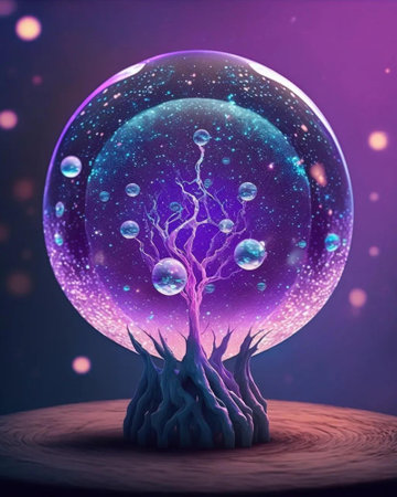 Fantasy tree in a magic ball. 3D illustration. Vintage style.の写真素材