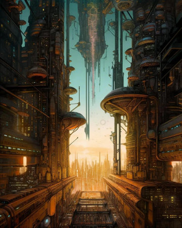 Fantasy illustration of a futuristic city. Digital painting. 3D renderingの写真素材