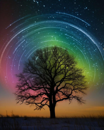 Lonely tree on the field at night with colorful starry skyの写真素材