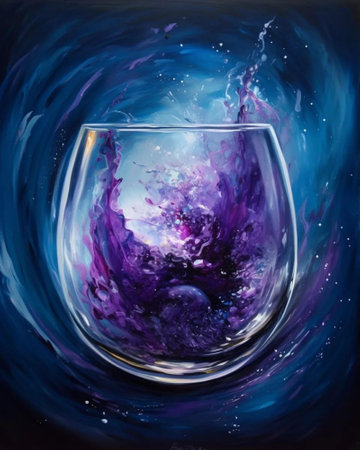 Wineglass with splashes of wine on a dark background.の写真素材