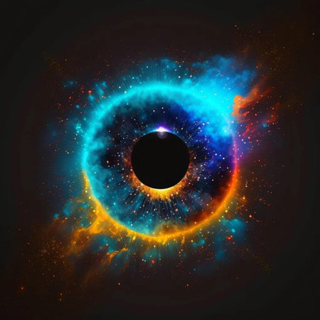 Eye of God in space with colorful fire and smoke. Vector illustration