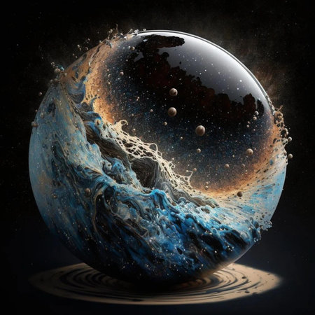 Abstract planet with water splashes on black background. 3d illustrationの写真素材
