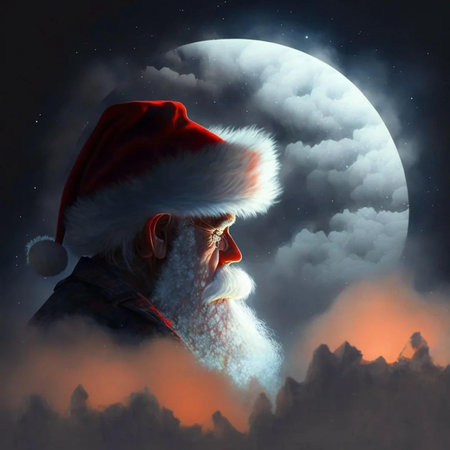 Santa Claus looking at the moon in the night sky. 3D renderingの素材