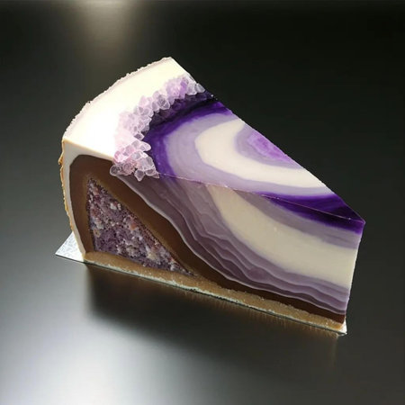 Piece of cake with purple and white marble on black background.の写真素材