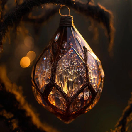 Vintage glass Christmas ornament hanging from a pine branch in the forestの写真素材