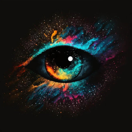 Colorful eye with space on the black background. Digital illustration.の写真素材