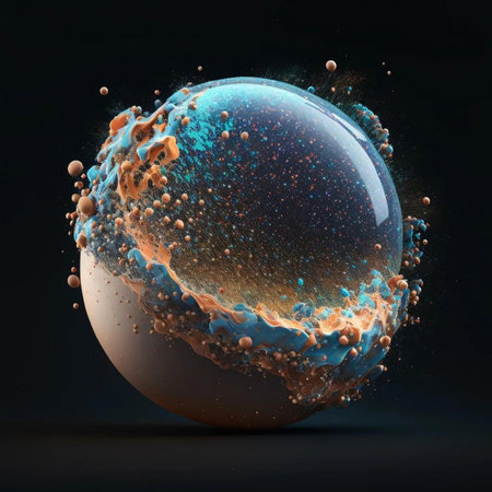 Abstract 3D illustration of a sphere with water splashes and bubblesの写真素材