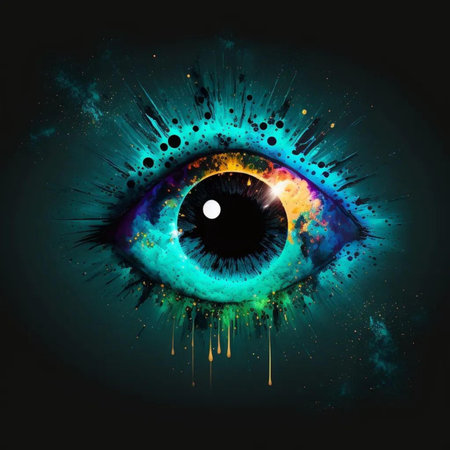 Female eye with colorful paint splashes on black background, illustration.の写真素材
