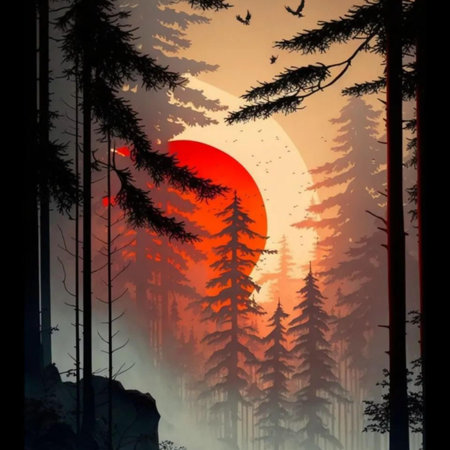 Fantasy landscape with red sun in the misty forest. 3D illustrationの写真素材