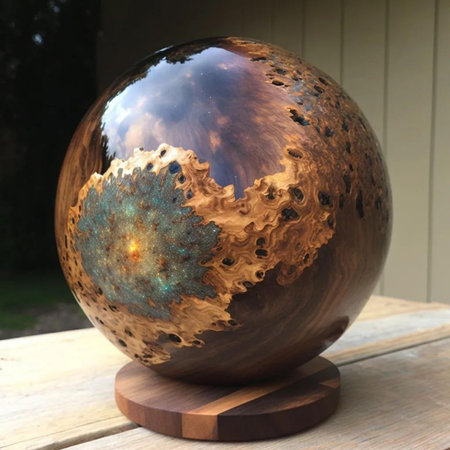 Wooden sphere with the image of a planet in the universe.の写真素材