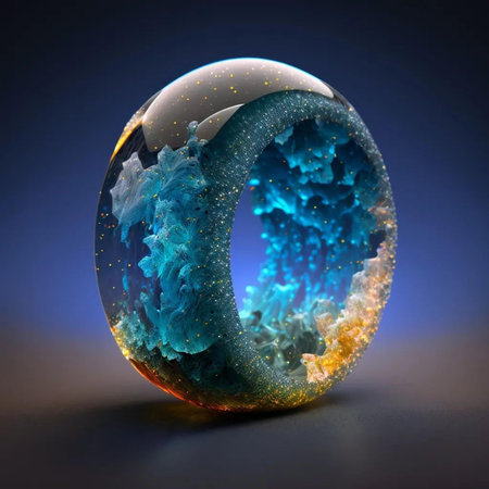 abstract 3d illustration of a crystal ball with blue and orange paintの写真素材