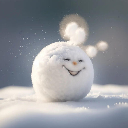 Snowman with a smile on his face in snowdrift.の写真素材