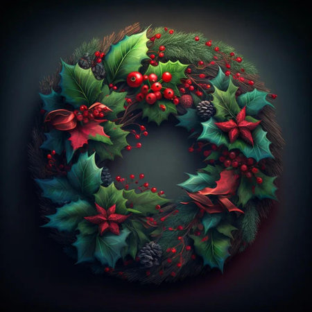 Christmas wreath with holly, poinsettia, mistletoe, pine cones and berries on dark backgroundの写真素材