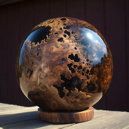 Wooden ball with the image of the planet Earth in it.の写真素材