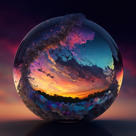 sunset in a glass ball on a background of the night skyの写真素材
