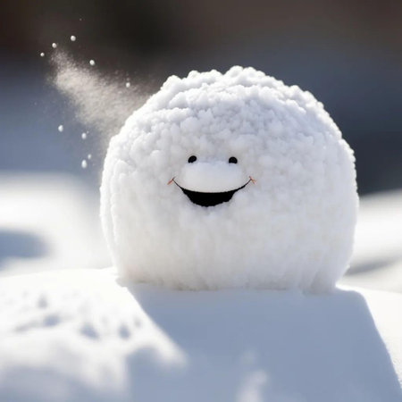 Snowman with a smile on his face on a sunny day.の写真素材