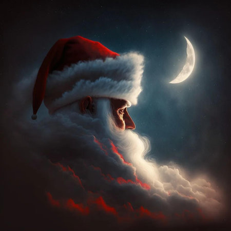 Santa Claus looking at the moon in the night sky. 3d illustrationの写真素材